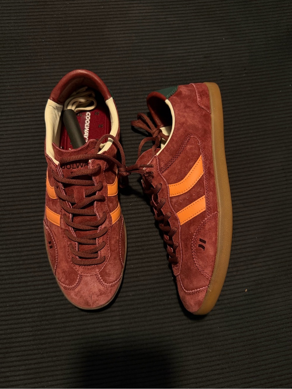 Coolway Men’s Burgundy Suede Sneakers with Orange Stripes